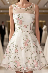 A Line Round Neck Short Lace Floral Semi Formal Prom Dresses, Short Lace Floral Formal Homecoming Dresses